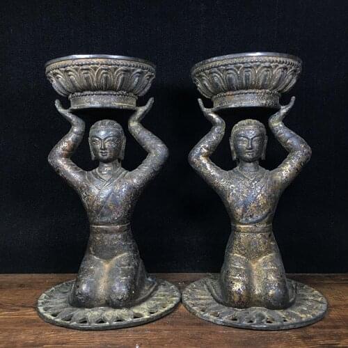 Rare Old Ming Dynasty Collection Old Copper Maid Oil Lamp ,A Pair, Free shipping,Free shipping