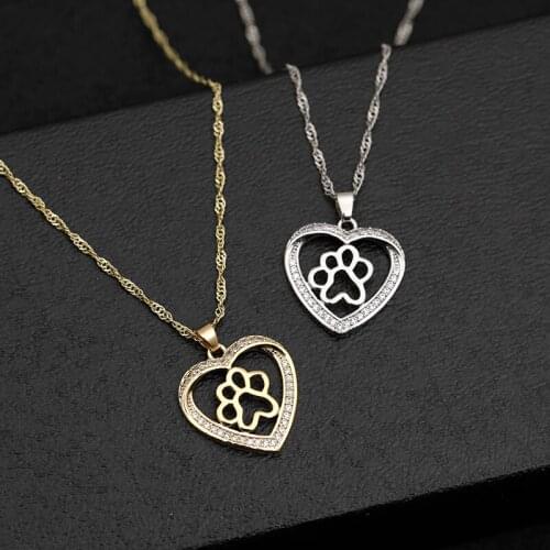 Cute pet animal Paw print heart pendant gold silver color rhinestone inlaid women necklace dog cat lover gifts
