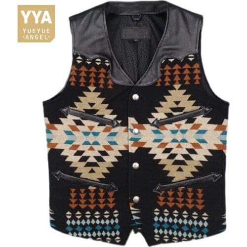 Fashion Patchwork Genuine Leather Vest Men Vintage Printed Waistcoat Autumn Slim Casual Vests Sleeveless Jacket Plus Size 5XL