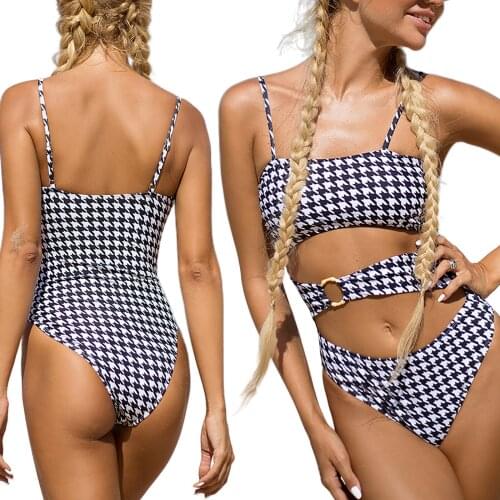 2021 New Women Hollow Out One-piece Swimsuit, Adults Houndstooth Print Spaghetti Strap O-ring Padded Swimwear