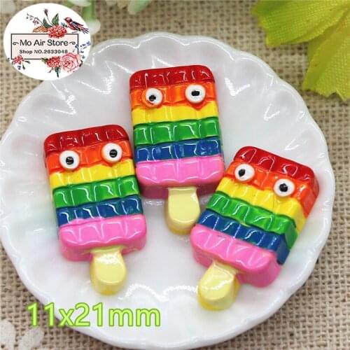 Rainbow color ice-cream stick 10PCS 11x21mm Resin Flatback Cabochon Miniature Food Art Supply Decoration Charm Craft