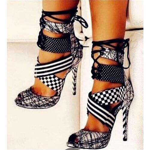 Women Geometric High Heel Sandals Peep Toe Mixed Colors Lace-up Gladiator Sandals Boots Cut-out Ankle Warp Dress ShoesReal Photo