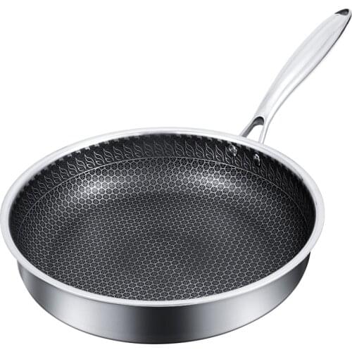 304 Stainless Steel Frying pan Uncoated Durable non-stick wok pan Steel Handle Griddle Pan For Kitchen Induction Cooker Wok pan