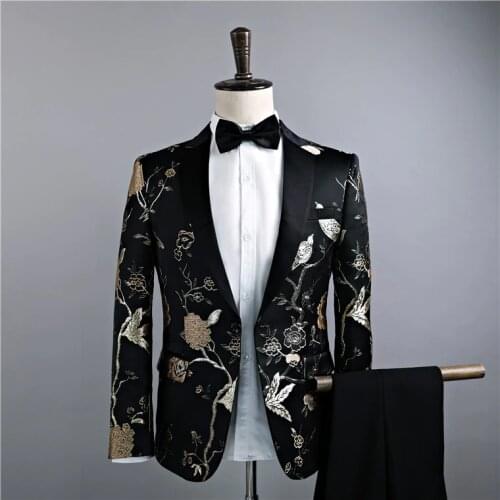 Black golden thread embroidery bird leaf flower branch tuxedo jacket/event/dance/stage performance/this is only jacket/Asia size