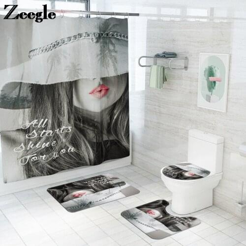 Modern Fashion Girl Printed Home Decor Bath Mat and Shower Curtain Set Absorbent Anti-slip Floor Pad Bathroom Carpet Rug