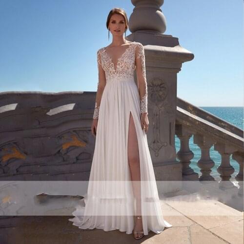 Wedding Dresses O Neck Appliques Bridal Gown Bohemian Long Lace Up Vestido De Noiva White Wed Dress