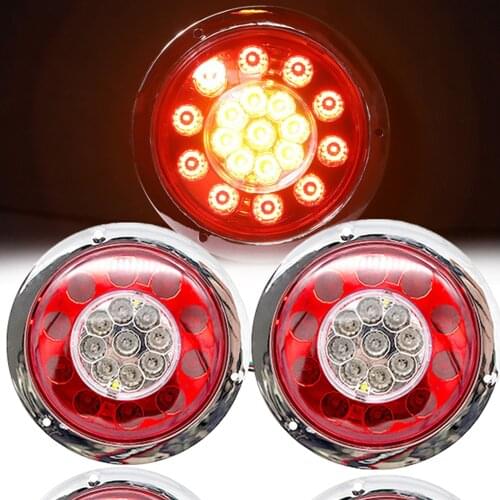 Truck Trailer Lorry Universal Round 4.3" 19 LED Brake Stop Turn Signal Tail Lights Chrome Ring