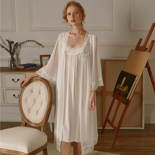 Women Cotton Pijamas Sleep Night Dress Sexy Lace Fairy Nightwear Princess Sleepwear Victorian Vintage Night Gown And Robe Sets