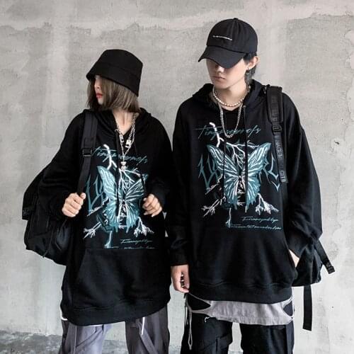 Couple hoodies oversized women hooded sweatshirt Butterfly print Black color Loose Autumn Spring