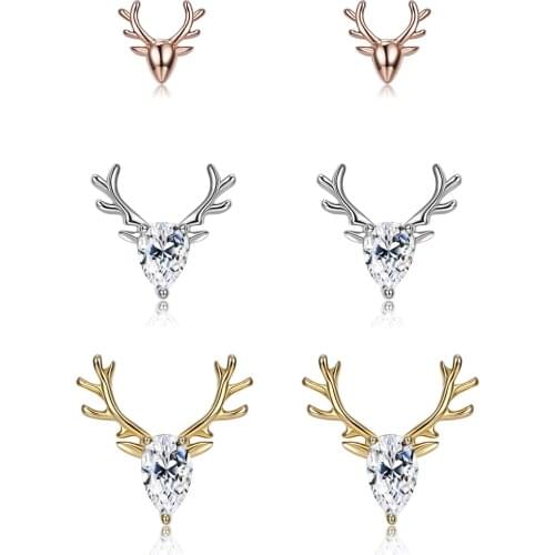 SILVERHOO 925 Sterling Silver Cute Christmas Elk Stud Earrings For Women 3 Colors Shiny Cubic Zirconia Earring Original Jewelry
