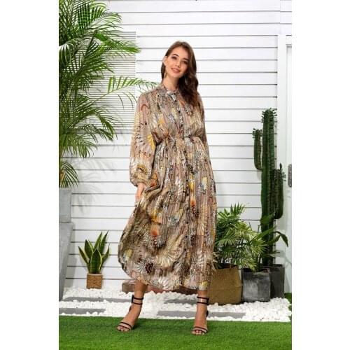 SuperAen Famous Gold Lines Embroidered Pleated A Line Full Chiffon Mid Calf Elegant Cardigan Shirt Printing Women Dresses