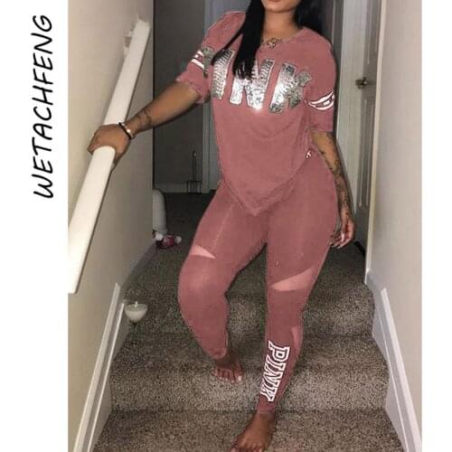 2021 Hot Sale PINK Letter Tracksuits For Women Summer Short Sleeve And High Waist Pants Two Piece Sets Outfits Plus Size Clothes