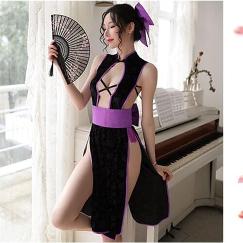 Chinese Dress Cosplay Sexy Cheongsam Qipao Halter Backless Hollow Out Perspective Bodycon Satin Dress Halloween Lingerie Set