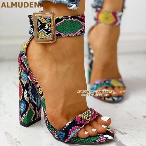 ALMUDENA Multi-Snakeskin Chunky Heel Sandals Wrapped Heel Square Buckle Strap Pumps Sexy Banquet Shoes Gladiator Sandals Size47
