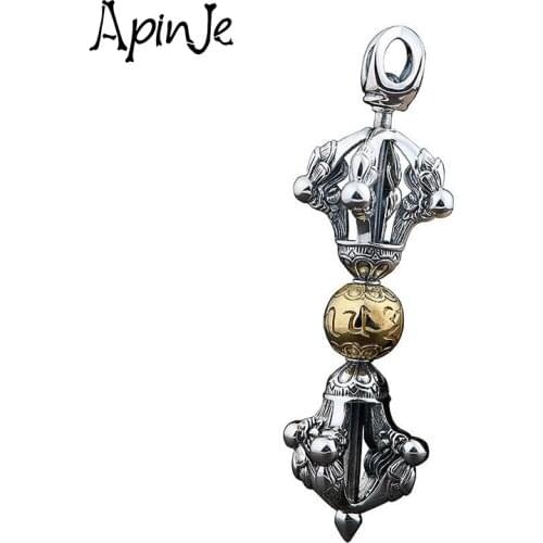 Apinje Real Silver Buddhist Vajra Pendant Men S925 Sterling Silver Personality Rotate Vajra Pendnat Six Words Mantras Jewelry