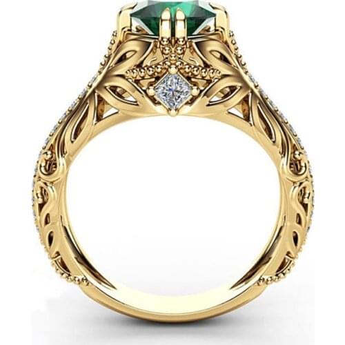 Bamos Luxury Female Green Round Ring Fashion Yellow Gold Filled Ring Vintage Wedding Rings For Women
