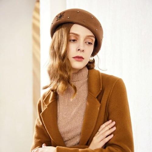 H781 Women Beret Hat Girl Winter Fall British Woolen Cap Female Shopping Party Banquet Diamond Decoration Elegant Simple Hats