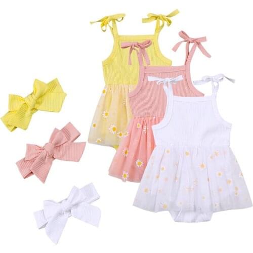 2Pcs Baby Girls Clothes Summer Outfits Cute Self Tie Strap Sleeveless Daisy Print Tutu Romper Headband Childrens Clothing Set