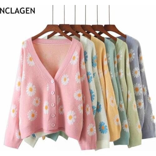 NCLAGEN Sweet Floral Jacquard Knit Cardigan Long Sleeve Thick Sweater Women Fashion V Neck Knitted Cardigans Coat Top Sweaters