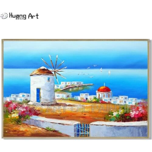 New Style Hand-painted High Quality Greek Aegean Sea Landscape Oil Painting White Building Landscape Oil Painting for Room Decor