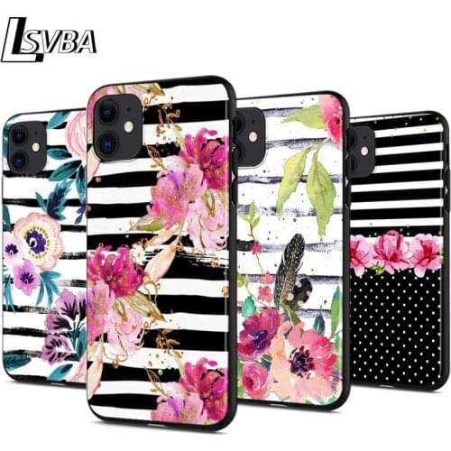 Stripes With Flowers Art Anti-fall Silicone Phone Case For iPhone 11 Pro XS Max X XR 6S 6 7 8 Plus 5S Soft Black Cover Capa