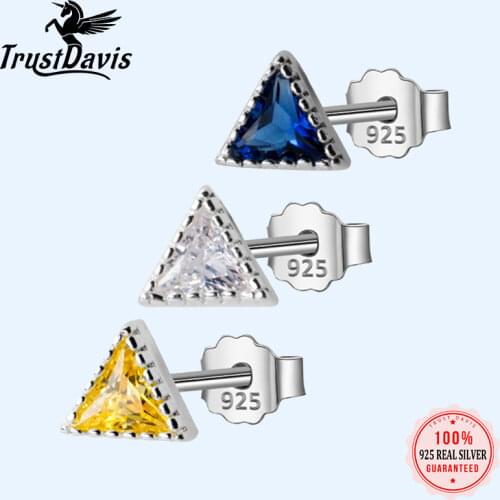 Trusta 925 Sterling Silver Earring Fashion Yellow/White/Blue Stone Triangle Stud Earrings Gift for School Girls Kids DS1502