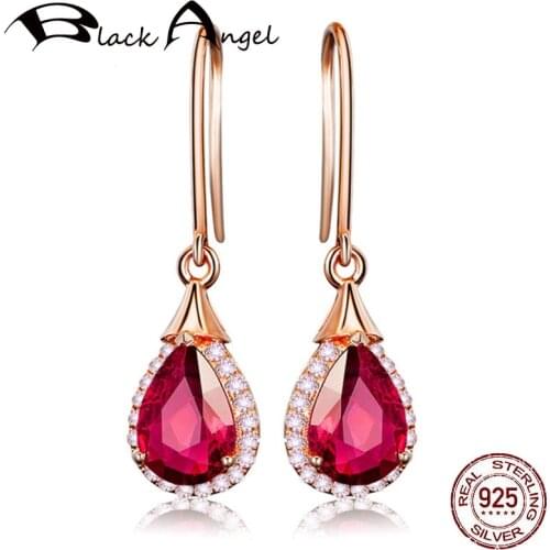 BLACK ANGEL 18K Rose Gold Water Drop Shaped Ruby Drop Earrings for Women 925 Silver Green Gemstone Earrings Jewelry Wholesale