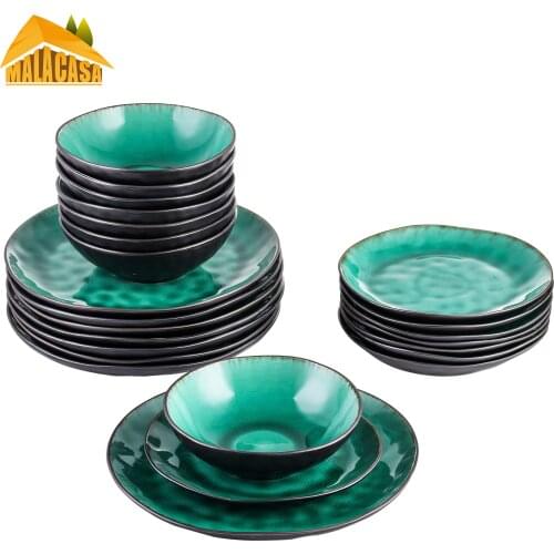 VANCASSO Coco 24-Piece Pottery Stoneware Vintage Look Ceramic Green Dinnerware Set with 8*Dinner Plate,Dessert Plate,Bowl Set