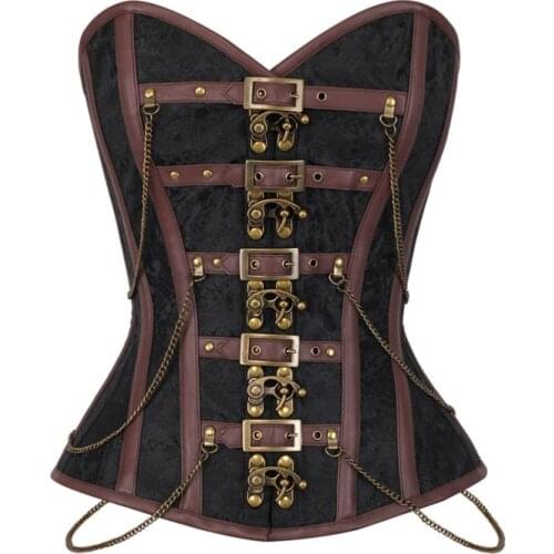 Vintage Gothic Clothing Corset Womens Lace Up Brown 12 Steel Boned Dobby Corselets Sexy Waist Slim Bustier Waist Cincher Corset