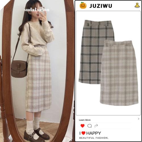 Vintage preppy style plaid woolen skirt women high waist slim split package hip a-line skirt