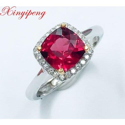 Xin Yipeng S925 sterling silver plated gold inlaid real natural garnet ring fine engagement wedding gift for women 7*7 mm
