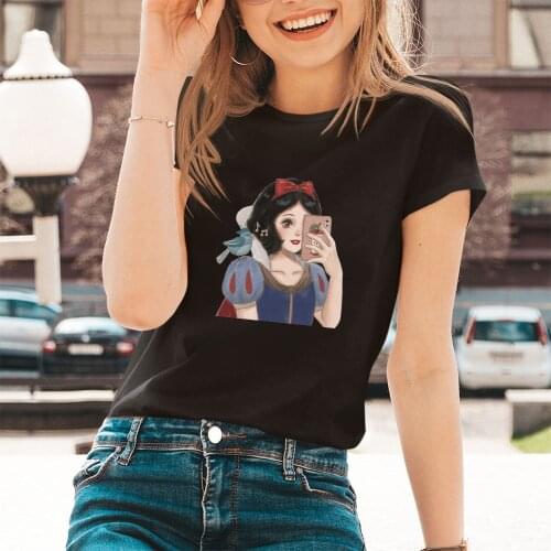 Women T Shirt Disney Princess Snow White Print Tee Shirt O-Neck Top Summer Female T-Shirt Fashion Ladies Funny Tshirts Black Tee