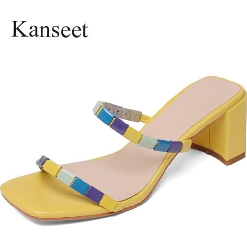 Kanseet 2021 Summer Womens Slippers Fashion Mixed Colors Party Dress High Heels Square Toe Thick Heels Red Yellow Shoes Woman
