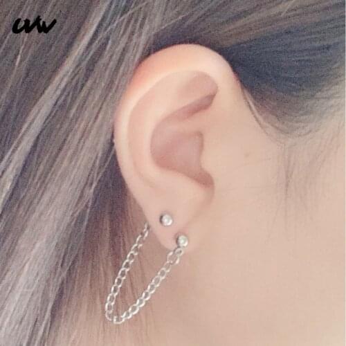 UVW049 2pc Boho Stainless Steel Barbell Long Chain Stud Earrings Double Hole Helix Ear Bone Piercing Earrings for Women Jewelry