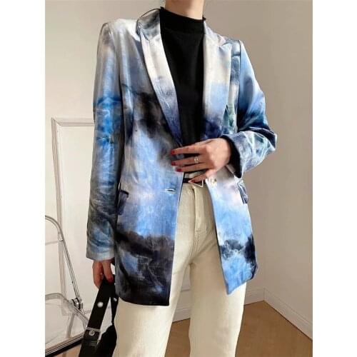 2021 Tie-dye Velvet Mid Length Blazer Suit Women Fashion Print Single Button Blazer Coats Casual Loose Commute Formal Clothing