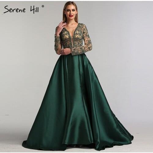 Rose Red Long Sleeves Mermaid Satin Prom Dresses Pearls Beading Deep-V Sexy Fashion Prom Gowns 2019 Serene Hill DLA6312
