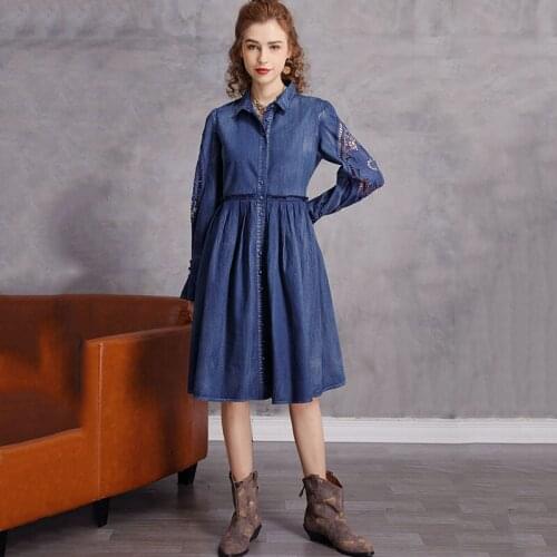 SeeBeautiful Vintage Loose Denim Dress Lapel Hollow Out Long Sleeve Single Breasted New Fashion Spring 2021 Women M360