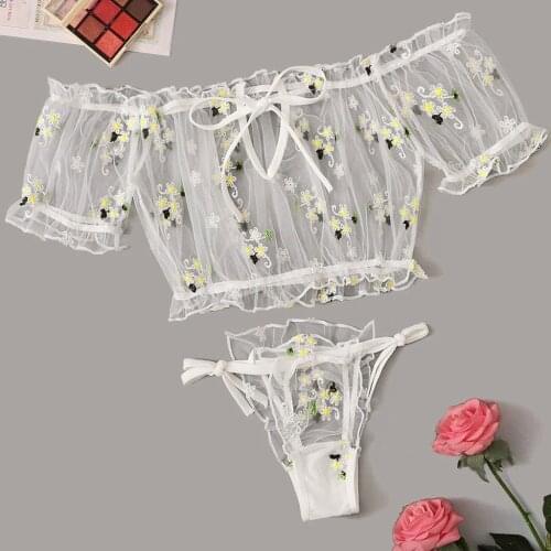 Women Sexy Lingerie Embroidery Lace Bowknot Bra Thong Underwear Set Lenceria Sensual Mujer Erotic Lingerie Perspective