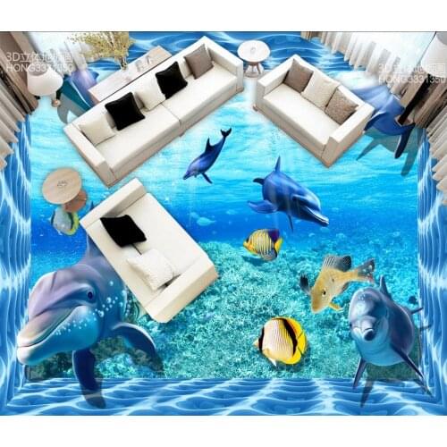 3D wallpaper floor for living room dolphin sea world 3d floor stickers PVC self-adhesive 3D floor