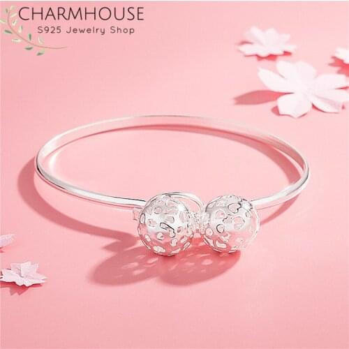 Pure Silver Cuff Bangles & Bracelets For Women Lady Two Hollow Ball Charm Bracelet Pulseira Femme Wristband Wedding Jewelry Gift