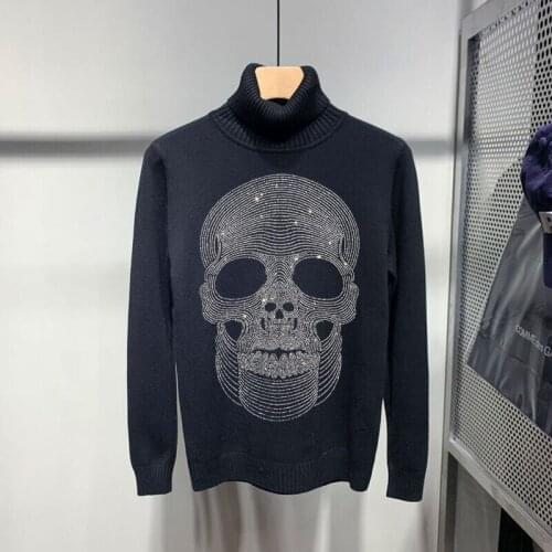 Brand 2021 Designer Turtleneck Mens Sweater Cashmere Sweatshirt Hot Drilling Skull Head Personality Pullover