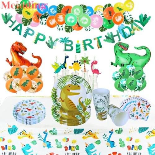 Dino Party Supplies Dinosaur Balloons Bunting Garland Paper Straws Kids Boy 1st Birthday Party Decoration Wild One Jungle Party