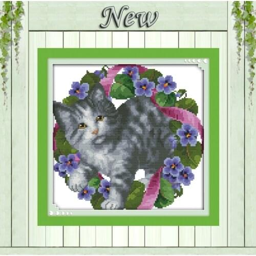 Ribbon kitten (1) cat baby animal Counted Print on the Canvas DMC 14CT 11CT NKF Cross Stitch DIY Needlework Kits Embroidery Sets