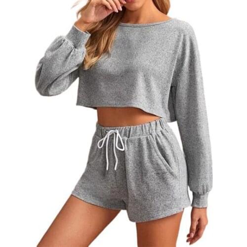 AYES Fashion Shorts Sets Casual Streetwear Long Sleeve T Shirt And Drawstring Shorts 2 Piece Set Women Slim Sport Trouser Suits