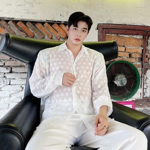 2021 Korean summer fashion street sexy perspective black and white long-sleeved shirt men Casual Shirt Stage Show Dress Shirt