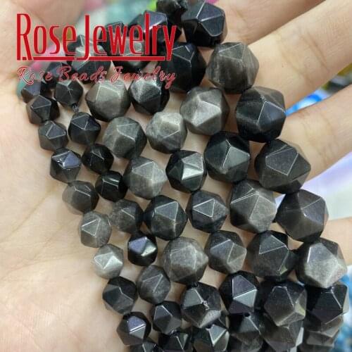 Faceted Natural Stone Silver Color Obsidian Round Loose Spacer Beads For Jewelry Making DIY Bracelets Accessories 15" 6 8 10mm