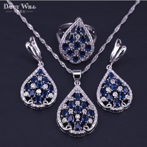 Silver Color Blue Cubic Zircon Necklace Chain Jewelry Crystal Pendant Necklace Ring Costume Jewelry Set for Women