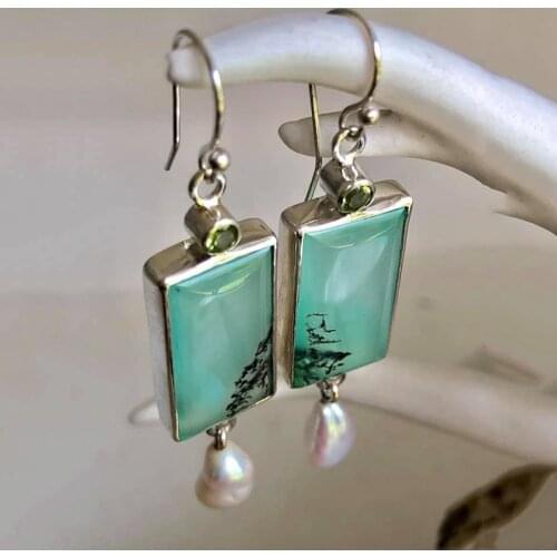 Colorful Opal White Baroque Pearl Dangle Earrings for Women Vintage Square Green Stone Pendant Earrings Dating Pendientes
