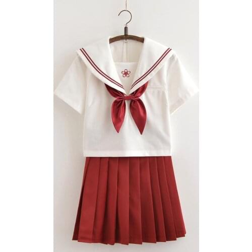 Autumn Japanese Orthodox Jk School Uniform Girls Cute Sailor Suits Black Tops Red Pleated Skirt Red Bowtie Sets Cosplay Costumes