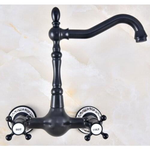 Black Oil Rubbed Bronze Brass Two Cross Handles Wall Mount Swivel Spout Kitchen & Bathroom Basin Sink Faucet Mixer Tap anf472